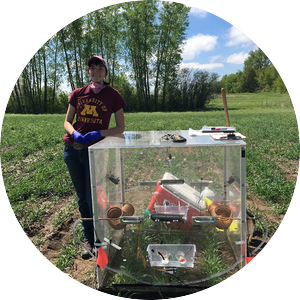 A photo of Stella Woeltjen in a field with her lab equipment